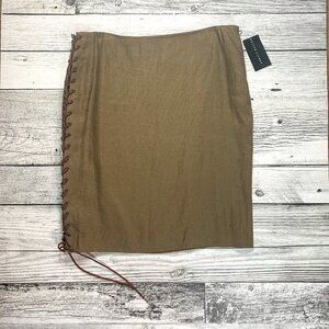 Ralph Lauren Black Label Linen Hemp Olive Green Leather Lace Up Pencil Skirt